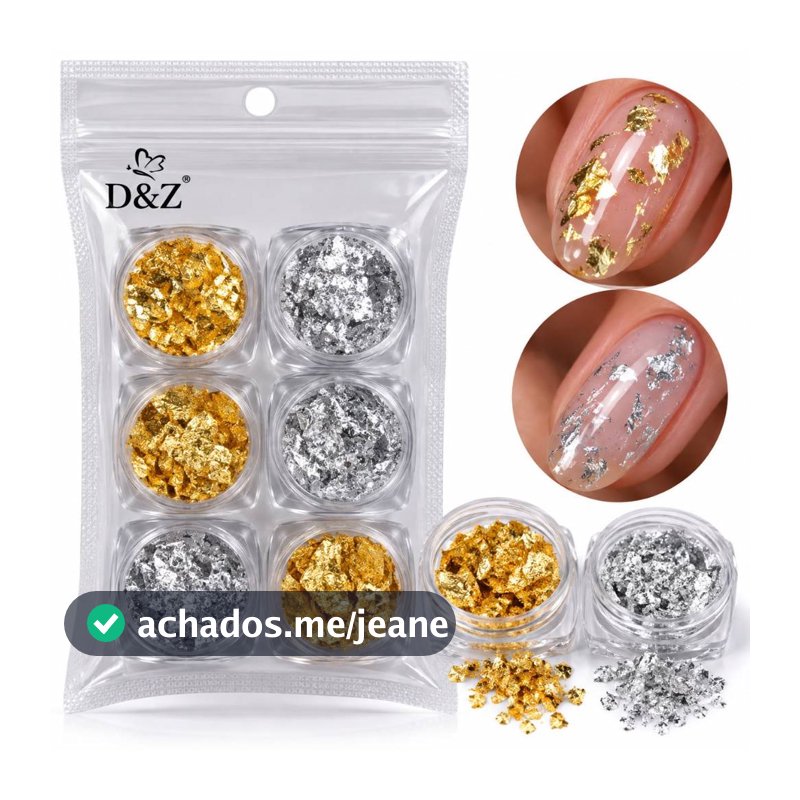 Kit 6 Cores Folha De Ouro Prata Estojo Decoração Unha Gel Encapsulada Nail Art Luxo Pronto Entrega