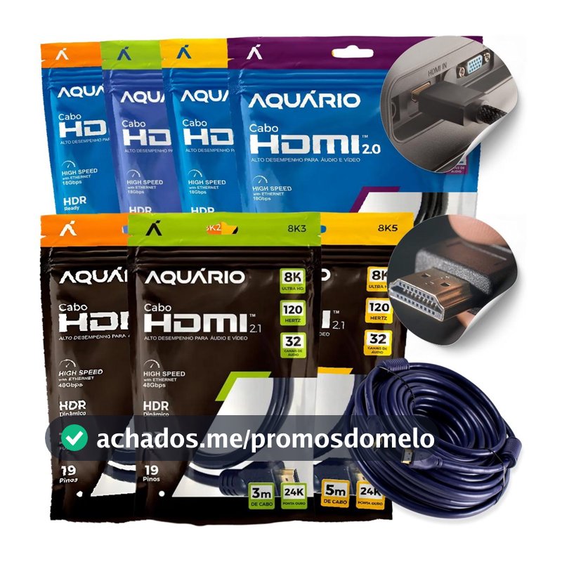 Cabo HDMI 2.0 4K E 2.1 8K Aquário Gold Blindado 1m 2m 5m 10m Alta Velocidade