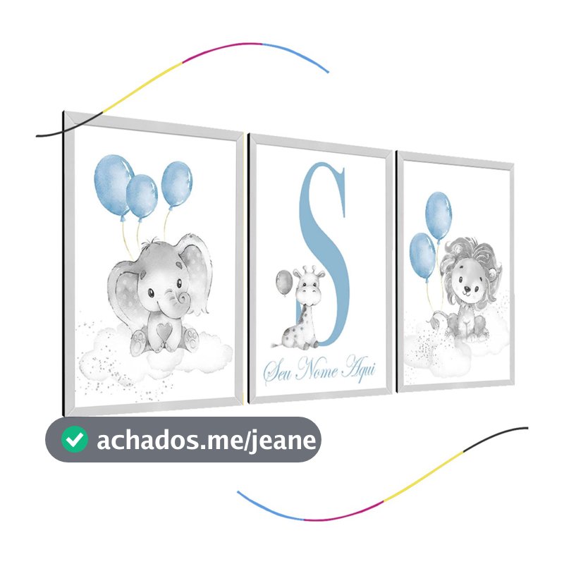 quadro decorativo infantil personalizado elefantinho elefante leãozinho leão personalizado menino menina 3 peças