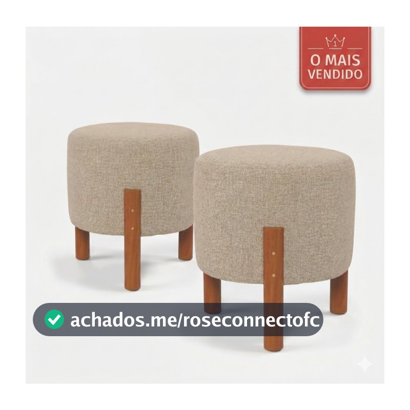 Kit 2 Puff Banquinho Redondo Decorativo Thor em Linho Pés Madeira Cor Bege - PC MÓVEIS