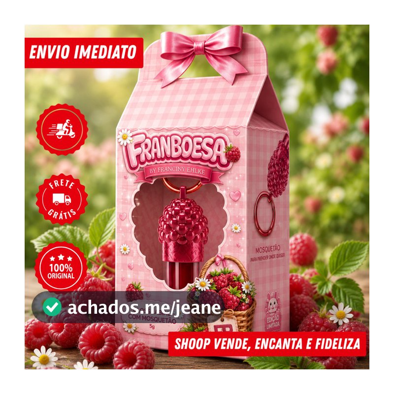 Gloss Labial Framboesa com Pingente By Fran | Brilho Intenso | Efeito Glossy