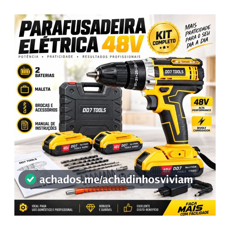 Parafusadeira Furadeira Sem Fio 48V 2 Baterias Lítio Kit Maleta Acessórios 2 Velocidades Luz LED Uso Doméstico