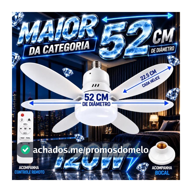 Ventilador Lâmpada de led 2 em 1 com 120w de potencia e 52 Centímetro bivolt com controle remoto