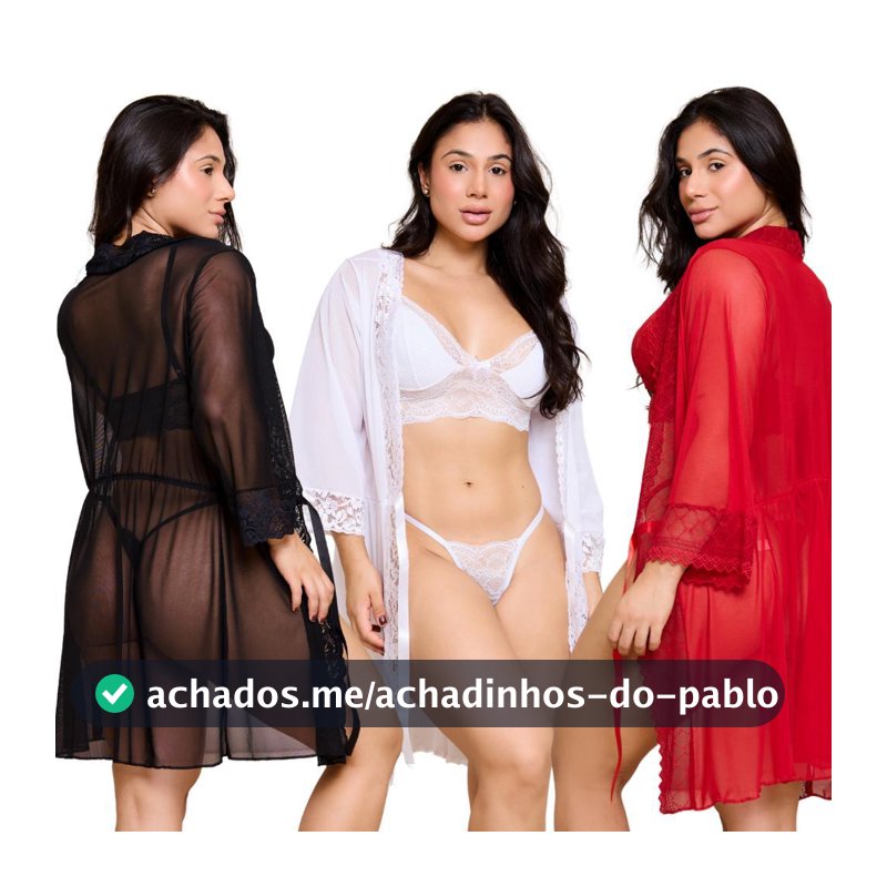 Kit 3 Robe Feminino De Tule Transparente Com Renda Manga Longa Elegante Dia Dos Namorados Kimono