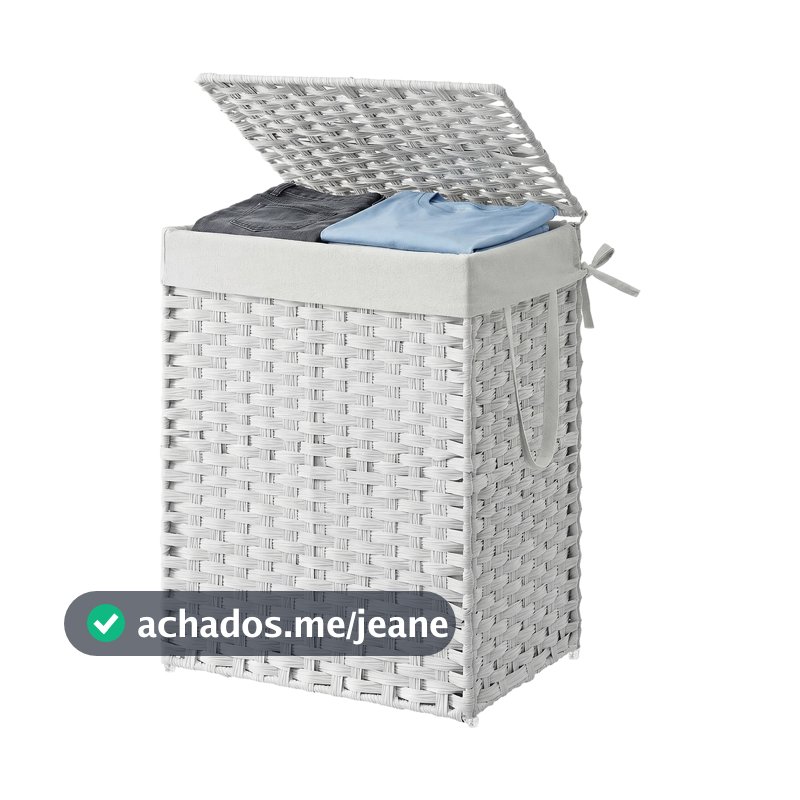 SONGMICS Cesto de Roupa 90 L Dobrável de Rattan Sintético com Tampa e Alças, Forros Removíveis, para Lavanderia, Branco
