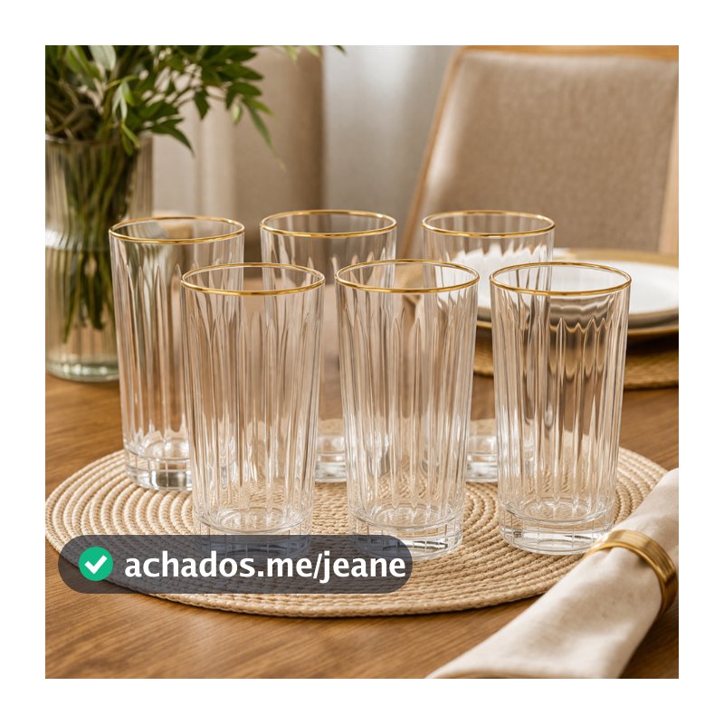 Jogo 6 Copos Altos Com Borda Dourada Em Vidro 370ml Bebidas