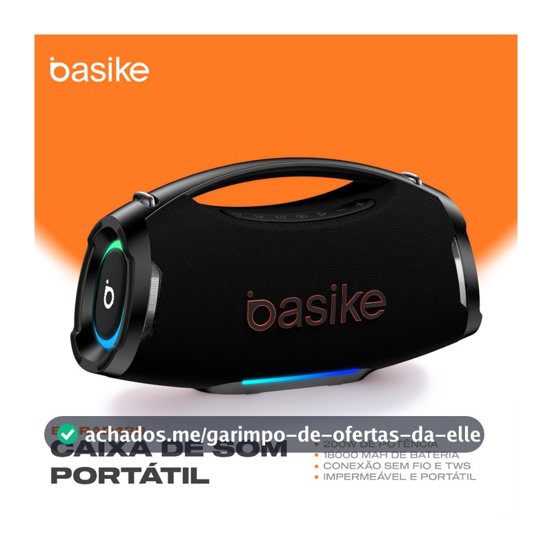 Caixa de Som Bluetooth Basike Boombox 200W 18000mAh IPX6 à prova d'água RGB TWS Graves Potentes