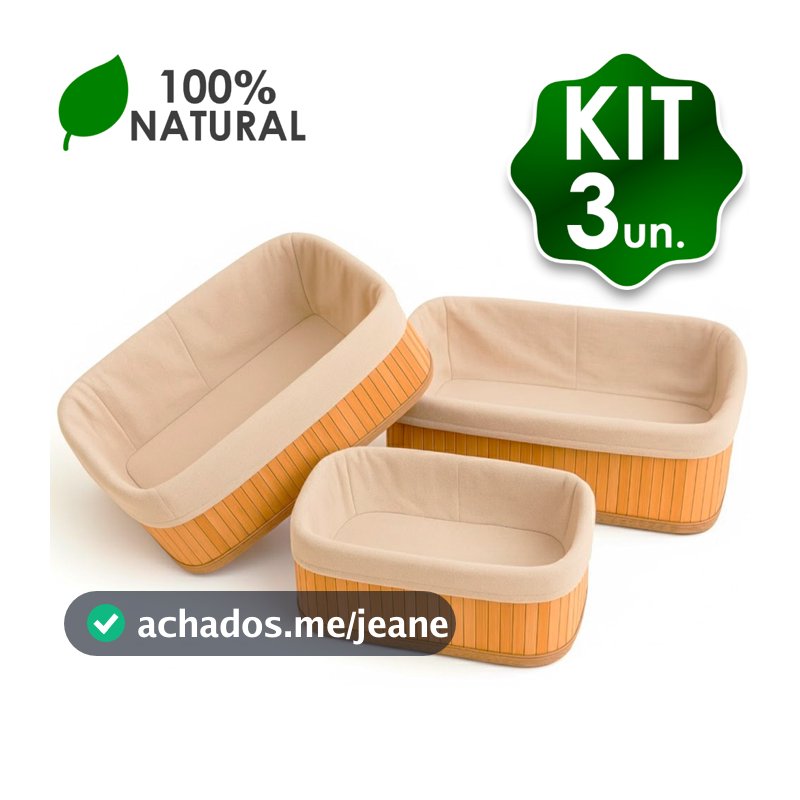 Kit 3 Cestos Organizadores De Bambu Com Forro Decorativo Multiuso Roupa Banheiro Cozinha