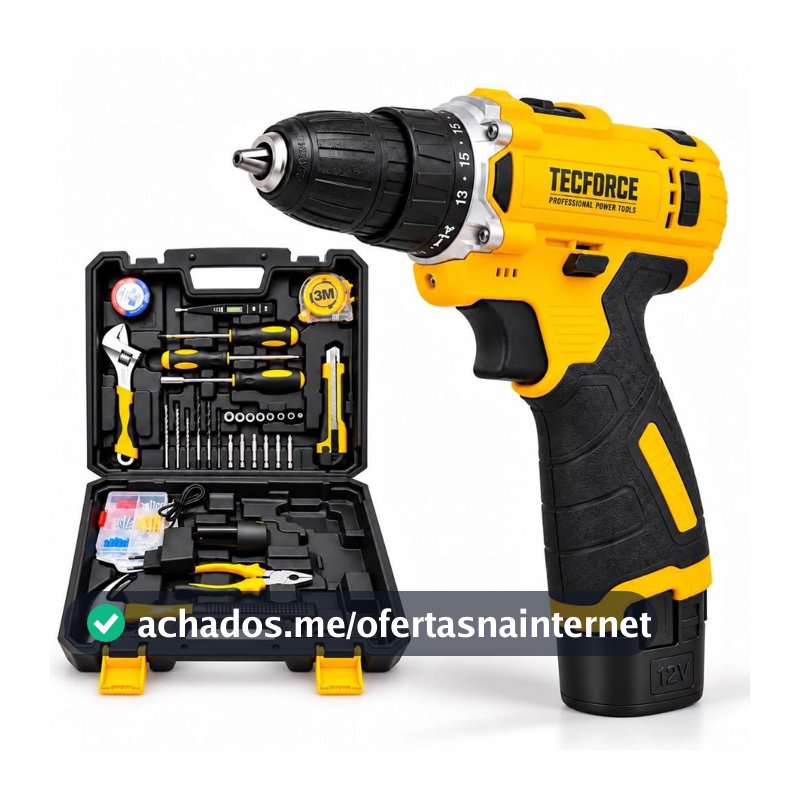 Parafusadeira Furadeira Sem Fio TecForce 12V com 2 Baterias, Maleta e Kit de Ferramentas