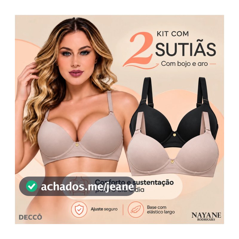 Kit Com 2 Sutiãs Nayane Com Bojo Bolha Aro Alças Reguláveis Microfibra Sustentação Confortável