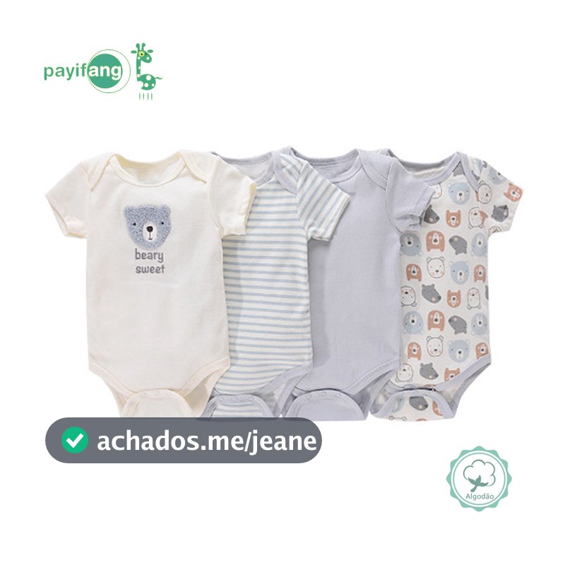 Kit 4 Bodies Bebê Menino 100% Algodão Manga Curta Ursinho Roupa Recém-Nascido 0 a 9 Meses