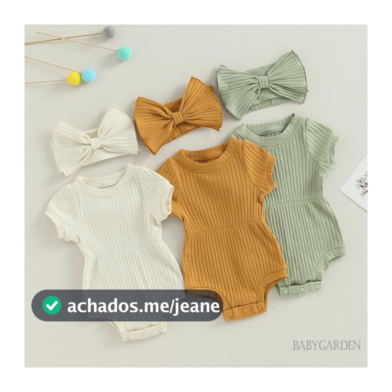 Roupa de verão para infantil  bebê menina de 0 a 18 meses: macacão de manga curta em cor sólida com faixa de cabelo