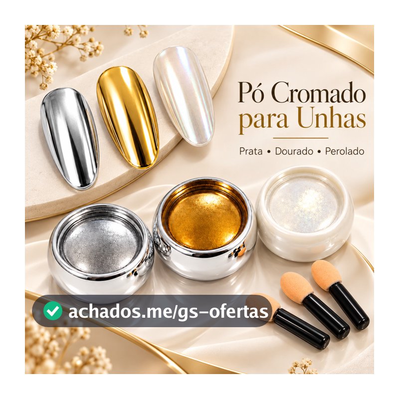 Kit 3 Pó Espelhado Cromado para Unhas Nail Art Efeito Metálico Gel Manicure