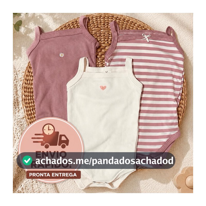 Kit 3 Body Regata Alcinha Bebê Menina 100% Algodão Rosa Enxoval Coração
