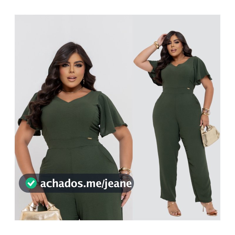 Macacão Longo Feminino Plus Size Duna Premium com Manga e Gola V Chique Festa Confortável