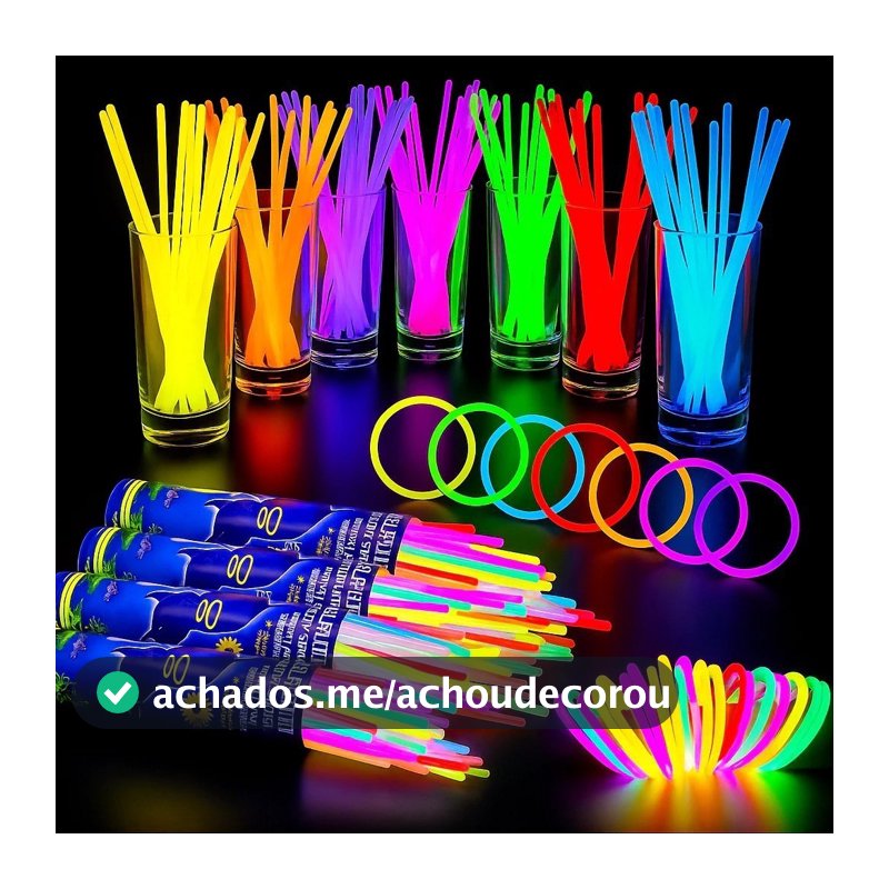 Kit com 100 Pulseiras Neon Alto Brilho Fluorescente Tubo Diversas Cores Brilha no Escuro