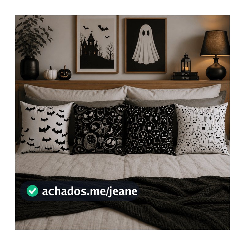 Kit 4 Capas de Almofadas 45x45cm Oxford Halloween Fantasmas Morcegos Terror Decoração Dia das Bruxas