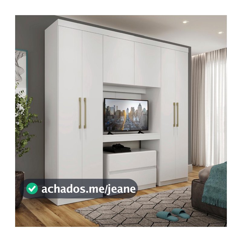 Guarda Roupa Solteiro 6 Portas 2 Gavetas Porto Branco com Painel de TV Carraro