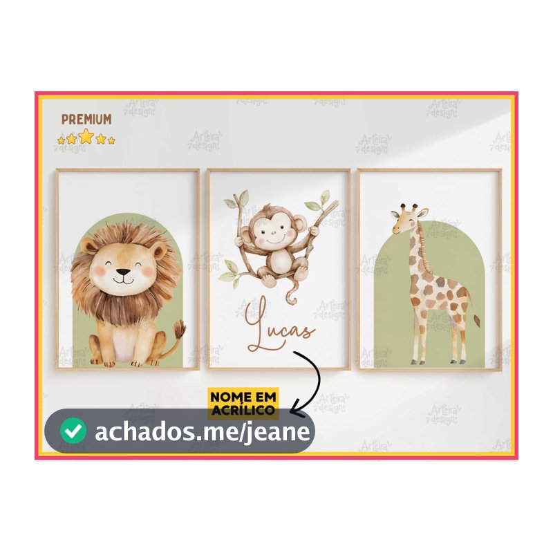Quadro Decorativo 3 peças Animais Safari Baby Selva Folhas Quarto Infantil Menino - NOME EM ACRÍLICO