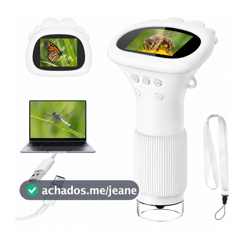 Microscópio Digital de Bolso para Crianças, Lupa Eletrônica Infantil com Tela LED, Capacidade de Gravar Foto e Vídeo