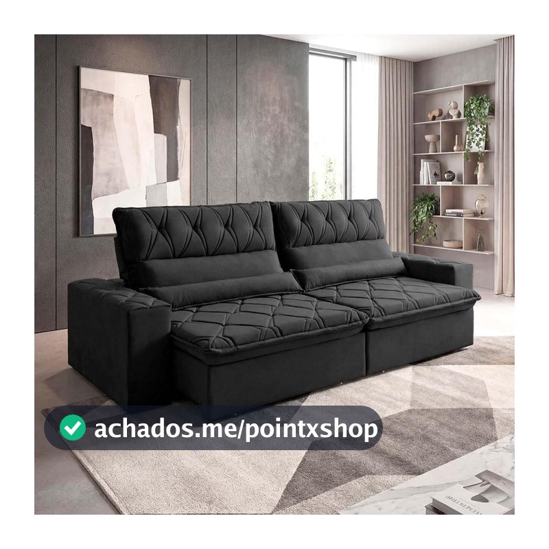 Sofá Retrátil/Reclinável França 3,00m Suede Velut Preto c/ Molas no Assento - King House