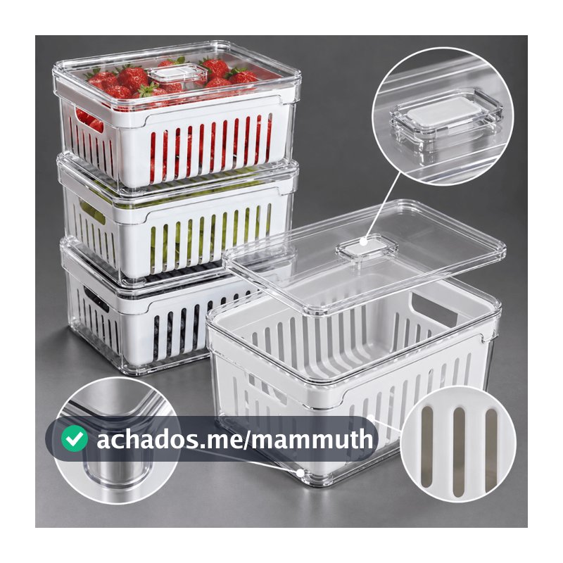 Kit 4 Organizadores de Geladeira 2,2L Cesto Interno Plástico Sem BPA Pote de Acrílico Organizador Frutas Legumes Frescos
