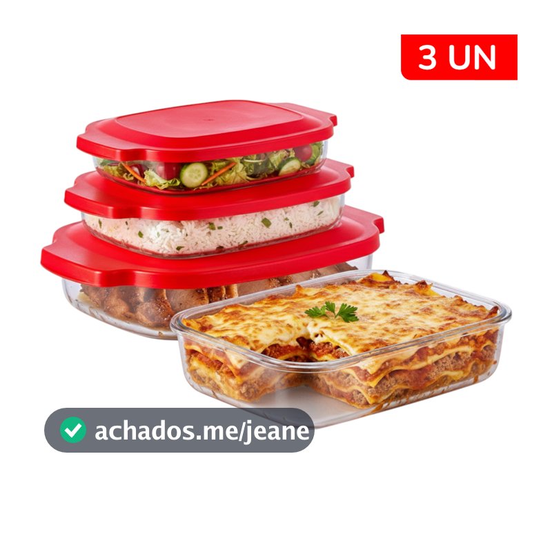 Kit 3 Travessas De Vidro Retangular Grande C/ Tampa A Vácuo 2000-2700-3800ML Frezer forno Assadeira