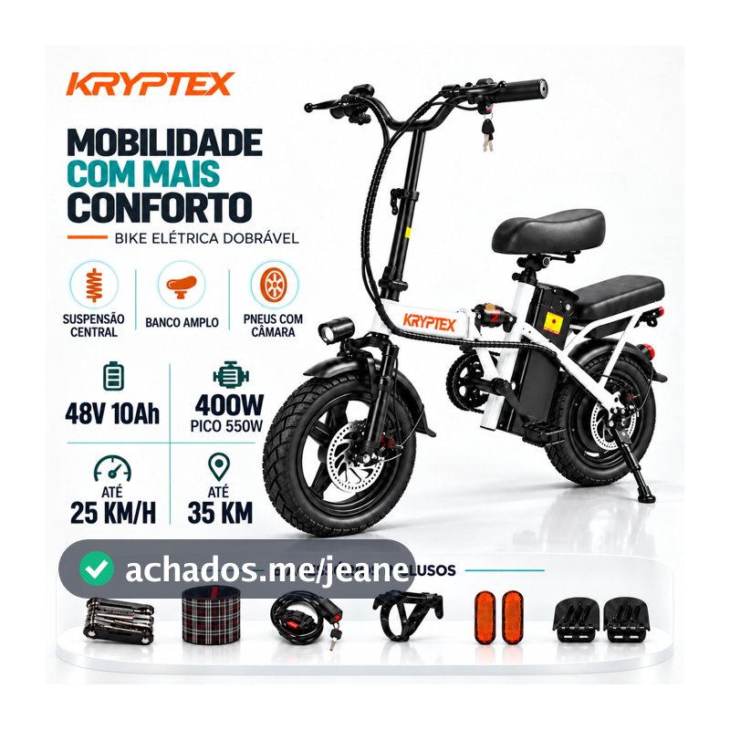 Bicicleta Elétrica Dobrável KRYPTEX 400W 48V 10Ah Motor 550W Pico Suspensão Confortável Até 35km