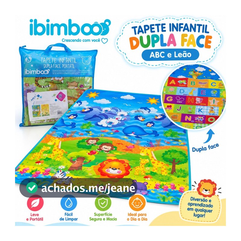 Tapete Infantil De Atividades Dupla Face Ibimboo ABC E Leão 120x180cm Educativo Dobrável Antiderrapante Impermeável Bebê