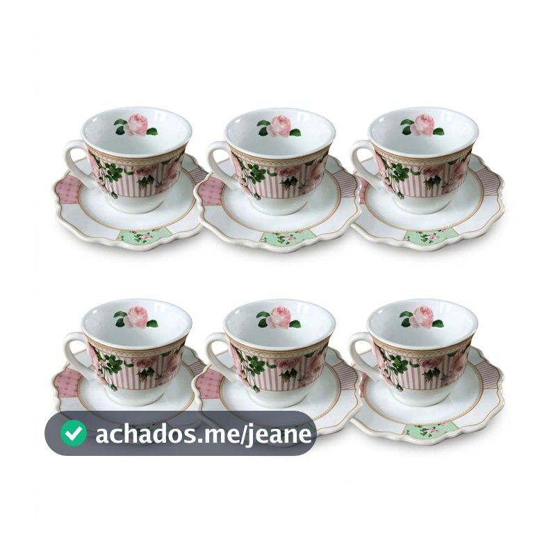 Conjunto 6 Xícaras de Chá com Pires Belle Romance Cerâmica Scalla