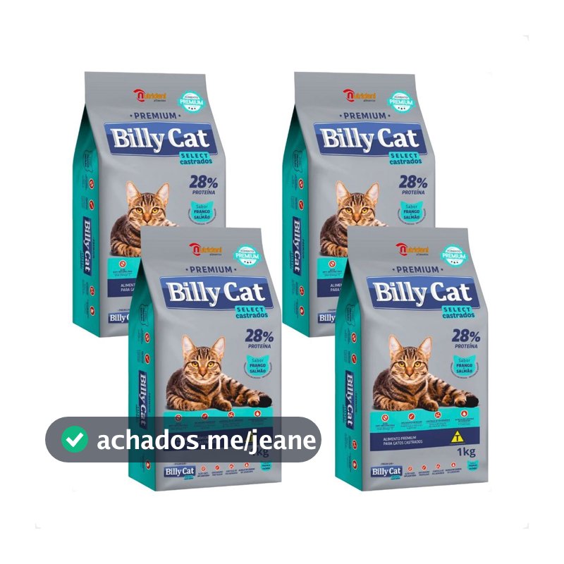 Kit 4 Ração Billy Cat Select Gatos Castrados - 1Kg
