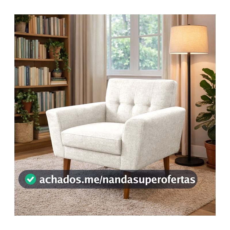 Poltrona Decorativa Bruna Luxo Estofada Para Sala de Estar Linho Bege Pés Palito