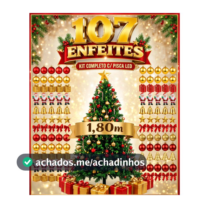 Arvore Natal Decorada 1,80cm 320 galhos Completa Luxo + Kit 107 Enfeites C/ Pisca LED