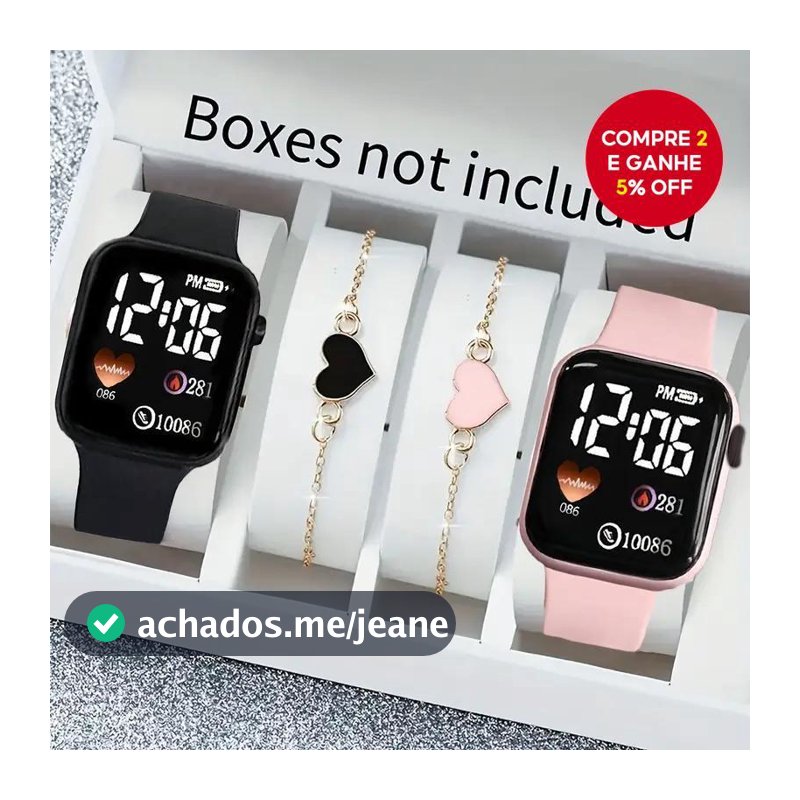 Conjunto De Relógio Digital Elegante , 4 Peças , Caixa Quadrada , Pulseiras De Coração Para Mulheres , Presente De Natal