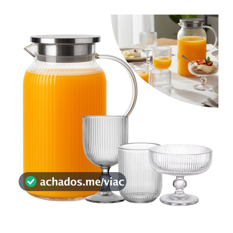Conjunto Jogo 6 Taças Canelada 380ml Jarra Borossilicato 1,5l Vidro Listrada Sobremesa Buffet Bar Restaurante