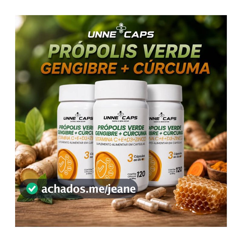 Própolis Verde + Gengibre + Cúrcuma + Vitaminas C E D3 Zinco  60 / 120 Cápsulas | Suplemento Natural
