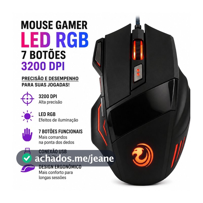 Mouse Gamer Iluminado Led RGB 7 Botões Para Jogos 3200 Dpi