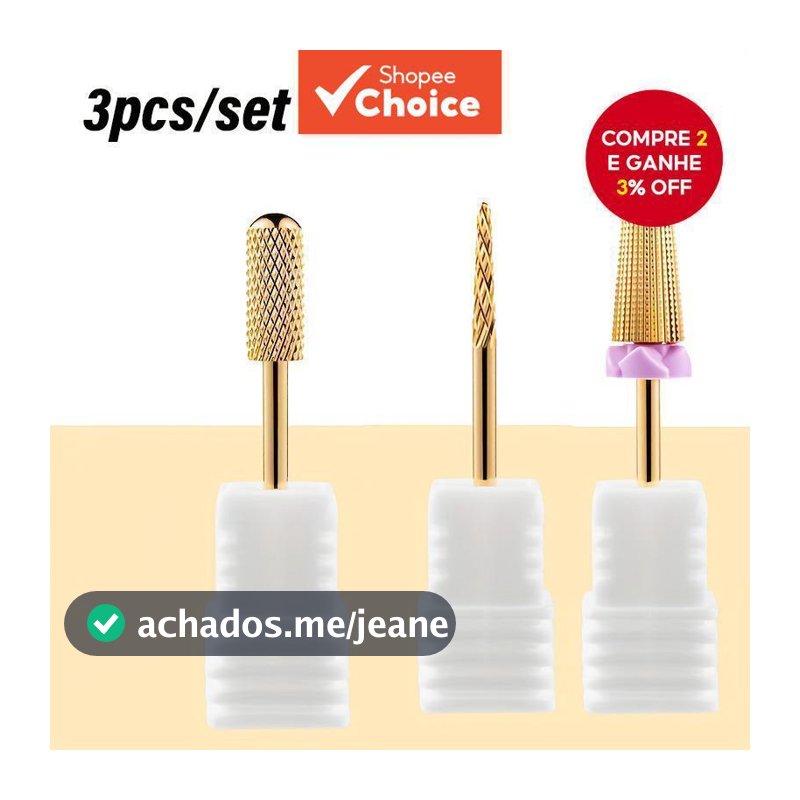 3 peças de brocas de carboneto de tungstênio para unhas, fresa para remoção de esmalte e gel UV, ponta cônica de
