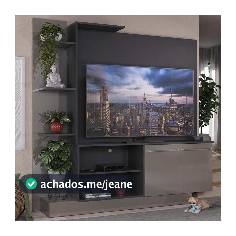 Estante com Painel TV 55" e 2 portas Denver Multimóveis Preto/Lacca Fumê
