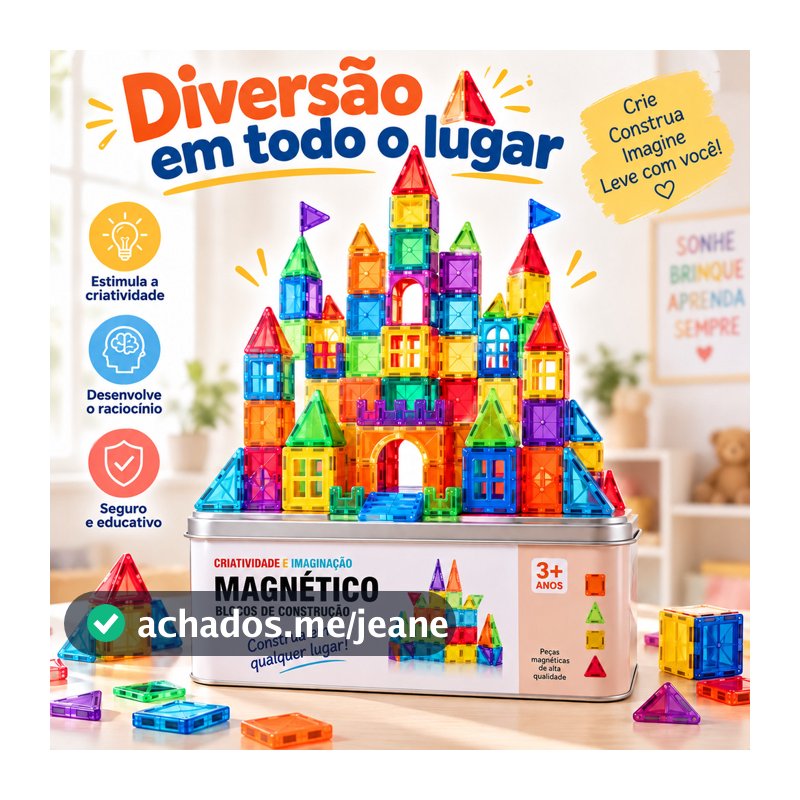 Blocos Magnético Construção c/ Imã Estojo Metal Educativo Bloquinho de Montar q Grudam 26 pçs/34 pçs