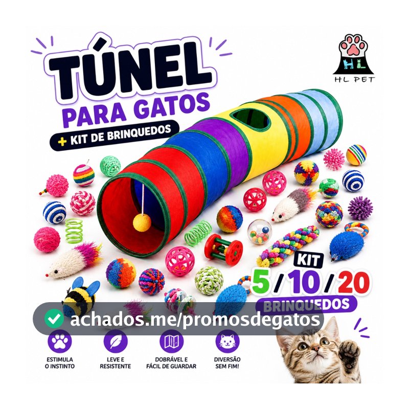 KIT Túnel Para Gatos com 5/10/20 Brinquedos Interativos Colorido Dobrável Pet HL PET