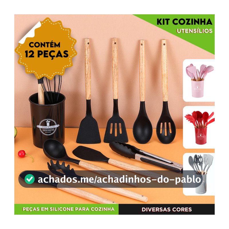 Kit Utensílios de Cozinha Com 4 5 ou 12 Peças em Silicone com Cabo de Madeira Completo  - NL