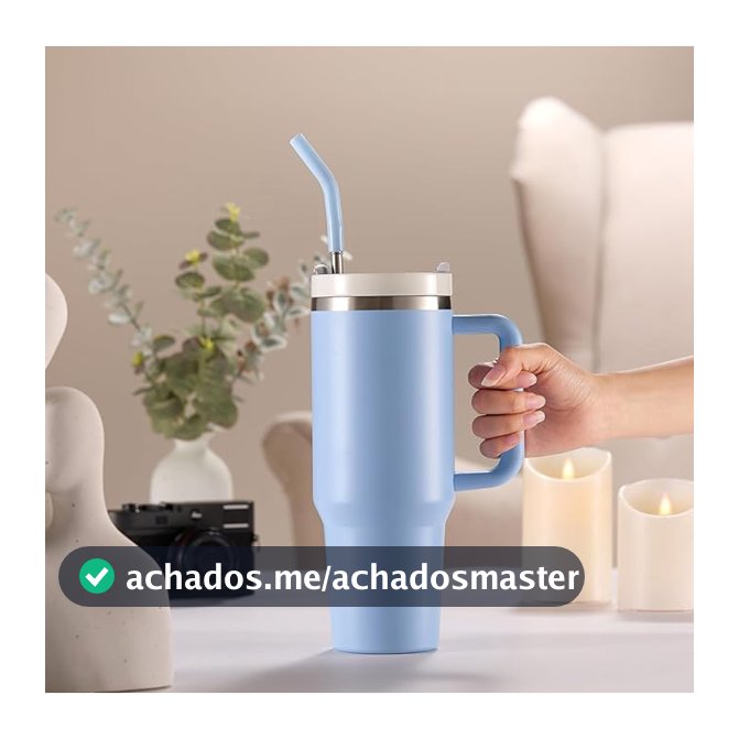 Copo Garrafa Térmica Grande Em Aço Inox Com Alça E Canudo Metal 1200ML