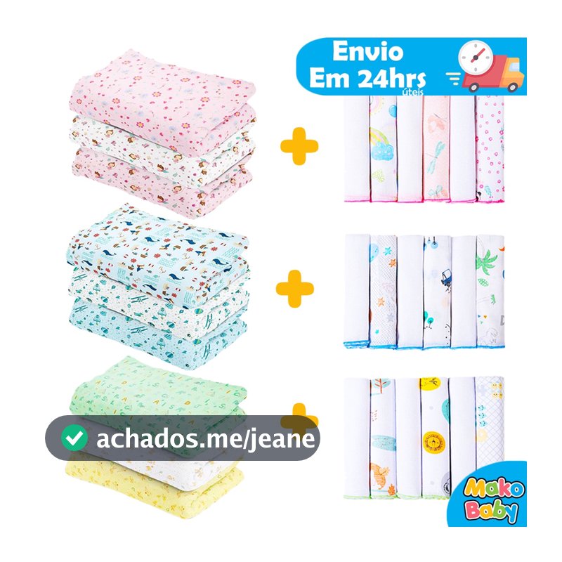 Kit 9 Peças Enxoval bebê - 3 Cueiros Grandes 100 x 80 Flanelados + 6 Toalhinha de boca 100% Algodão