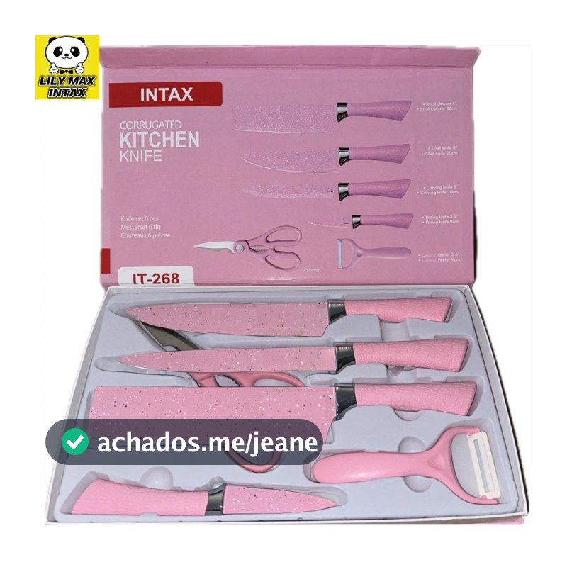 Jogo De Facas Inox Descascador E Tesoura 6 Peças Rosa