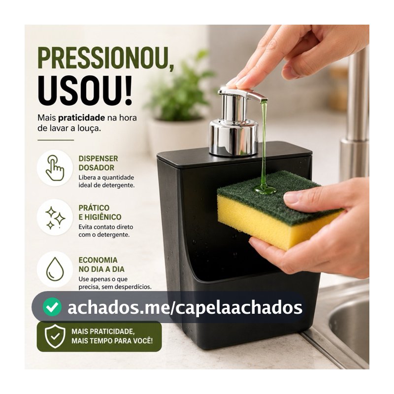 Porta Detergente Xplast 550ml com Dispenser Organizador de Pia Cozinha Preto para Detergente e Esponja Prático Compacto