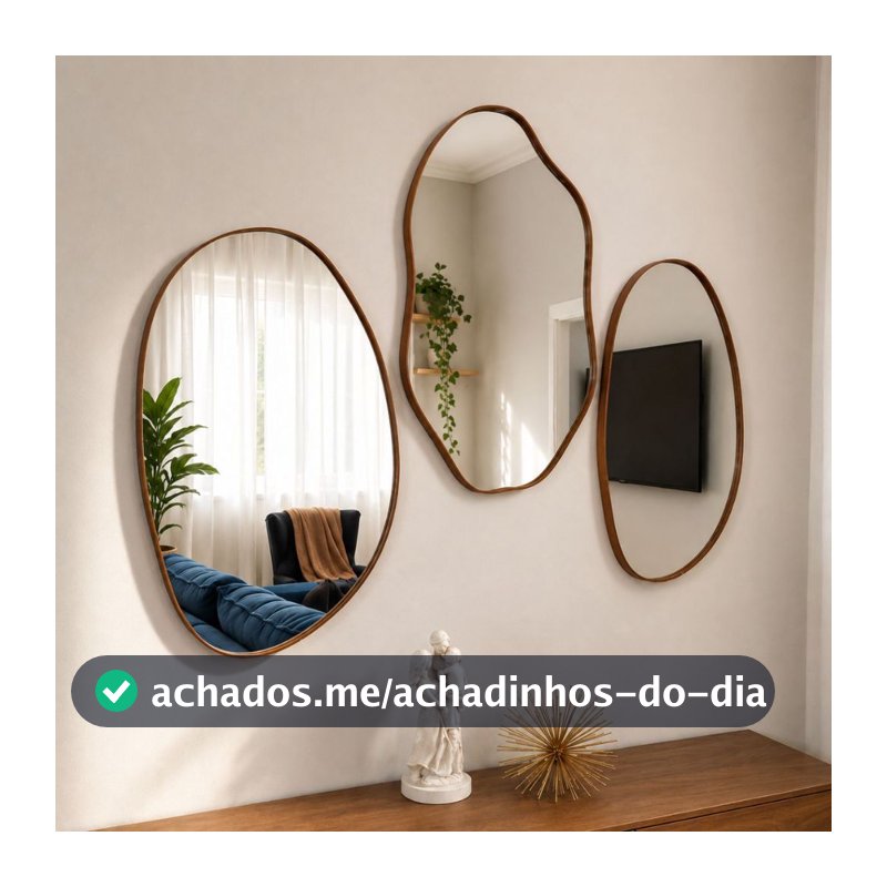 Kit Combo Espelhos Orgânicos Decorativos De Parede Com Moldura Couro Reforçado P/ Sala Banheiro Hall