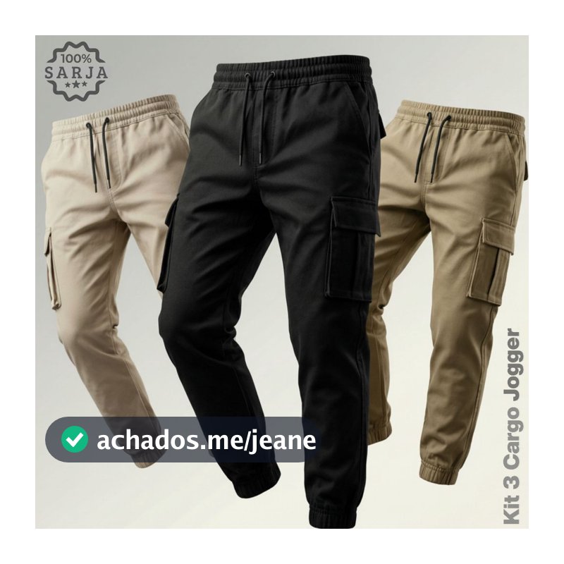 Kit 3 Calça Cargo Masculina Jogger Sarja Streetwear Com Punho e Cordão 34 ao 44 + 3 Cores