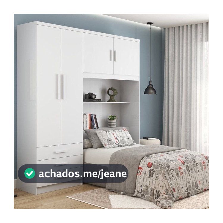 Guarda-Roupa Solteiro com Cabeceira e Baú 4 Portas 3 Gavetas Cancun Yescasa Branco Branco