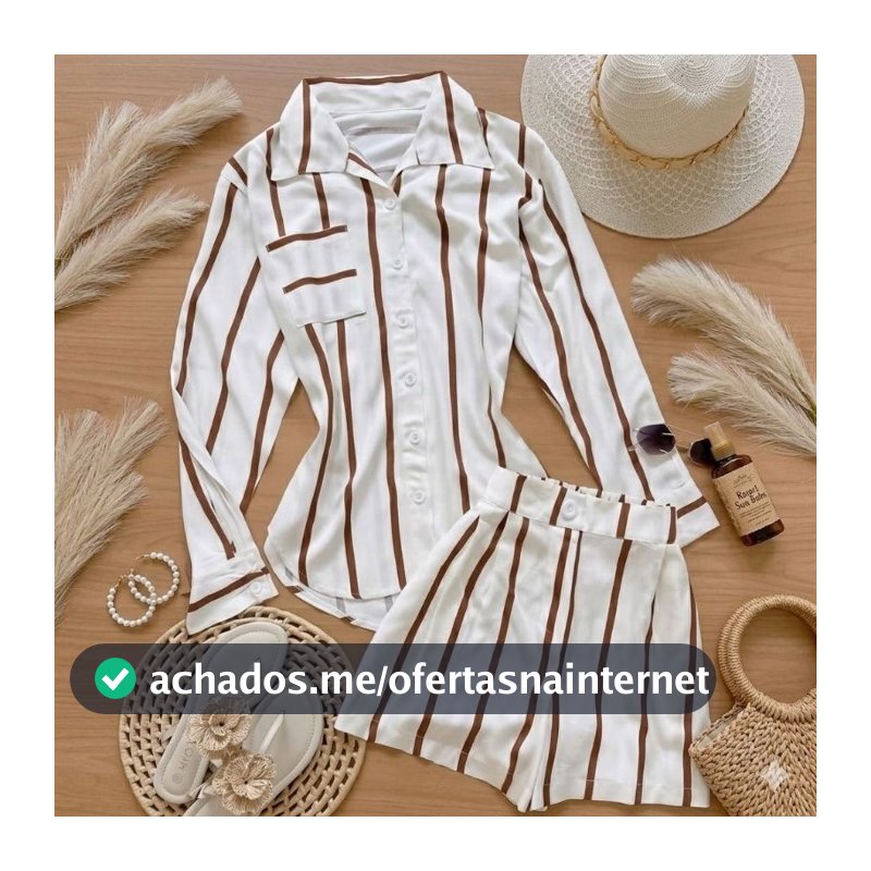 Conjunto elegante , camisa blazer com bolso e botões e short listrado